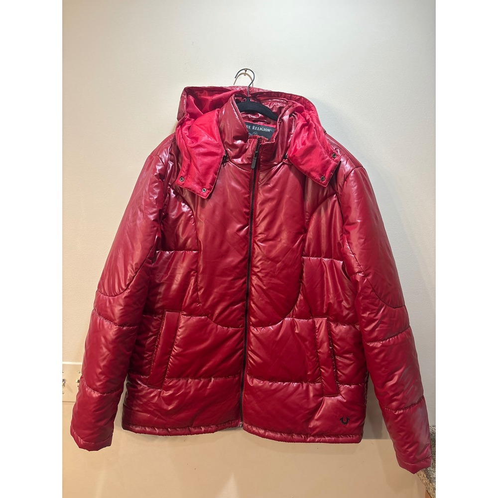 True Religion Mens Red Shiny Hooded‎ Puffer Jacket 2XL 36725-00 Full Zip Coat